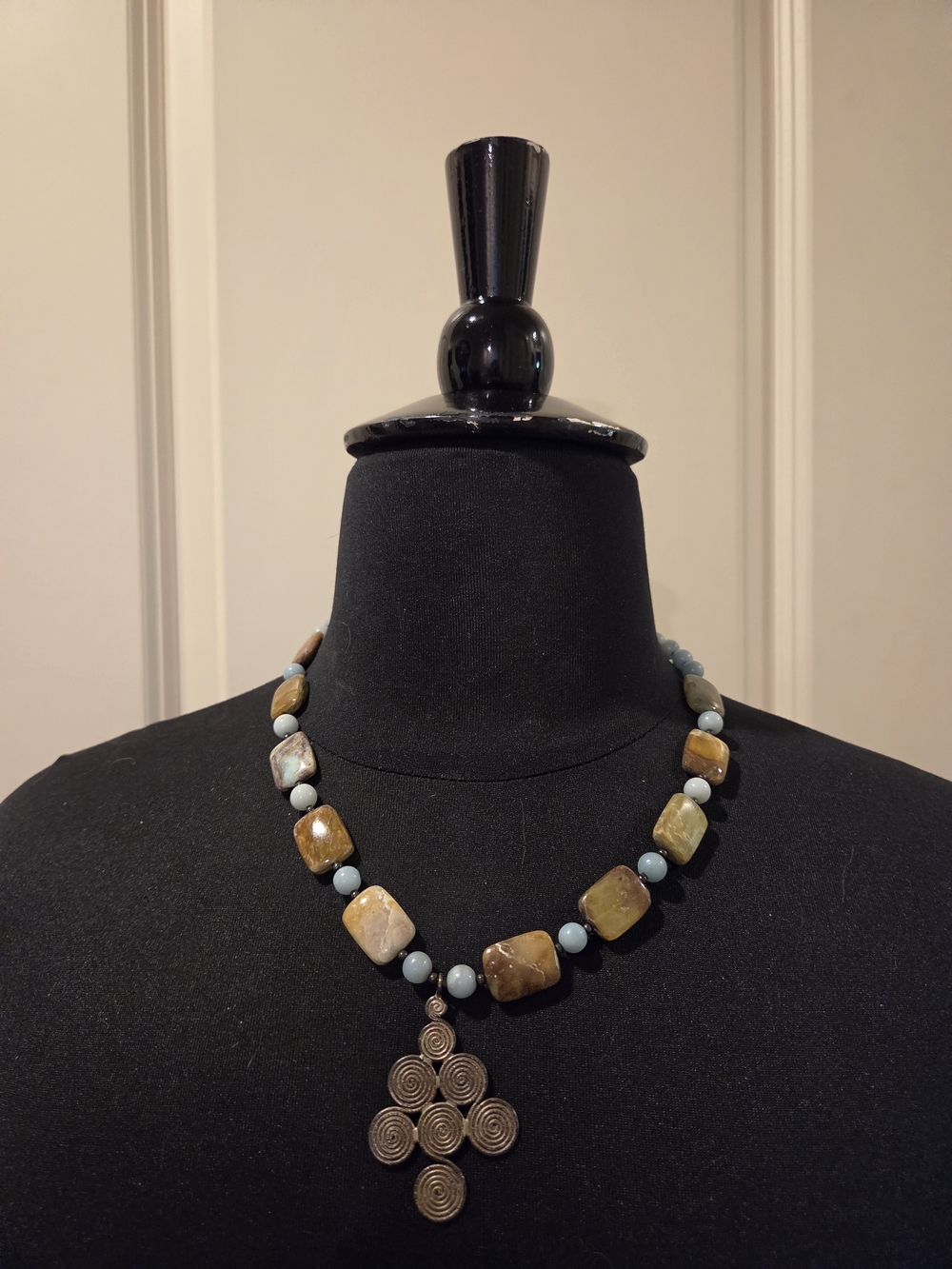 Vintage Natural Brown and Blue Stone Necklace with Spiral Disk Pendant